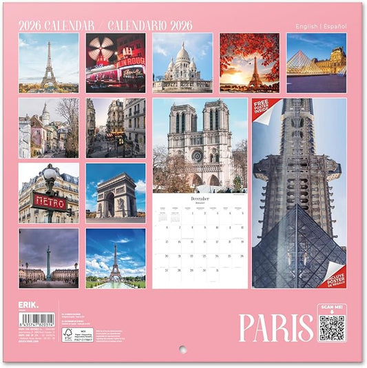 Paris Wall Calendar 2026 12" x 12" FSC® Plastic Free - Starts Week On Sunday | Family Planner Travel Calendar 2026