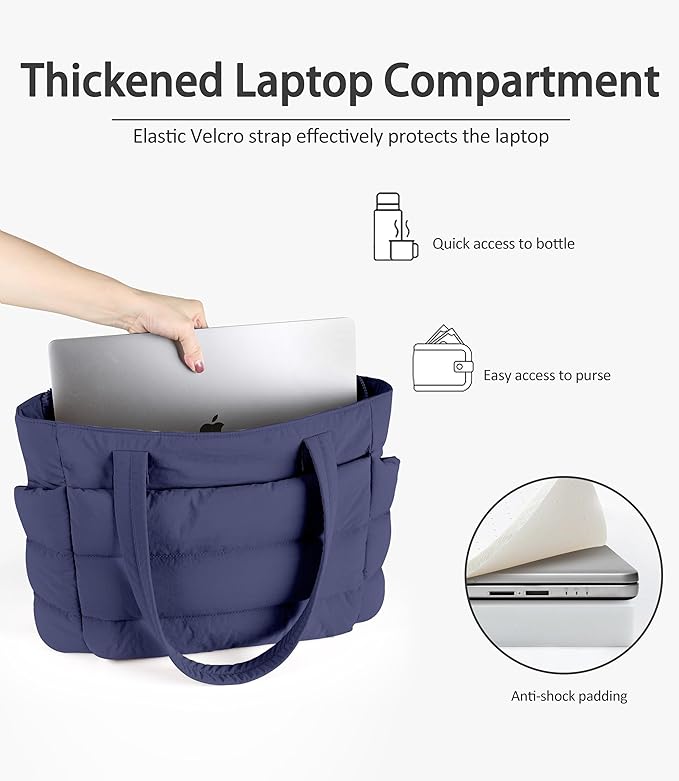 Puffer Tote Bag for Women, Cute Quilted Carryall with Zippered Compartments Shoulder Bag Handbag for Work, Travel, Gym