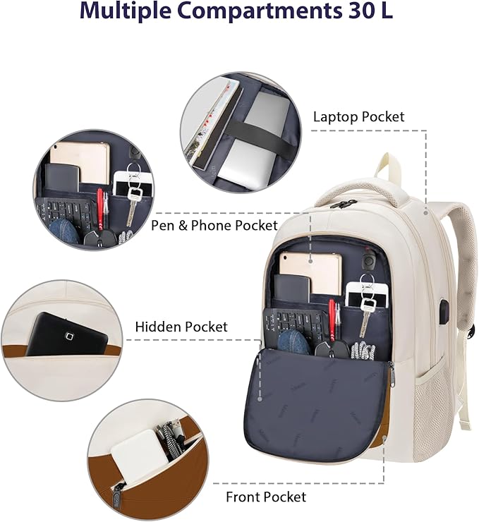 MATEIN 17.3 Inch Womens Laptop Backpack, Water Resistant Work Business Backpack with Multiple Pockets Fits 17 Inch Computer Notebook, Spacious Commute Bag TSA Approved and Comfortable, Beige Brown