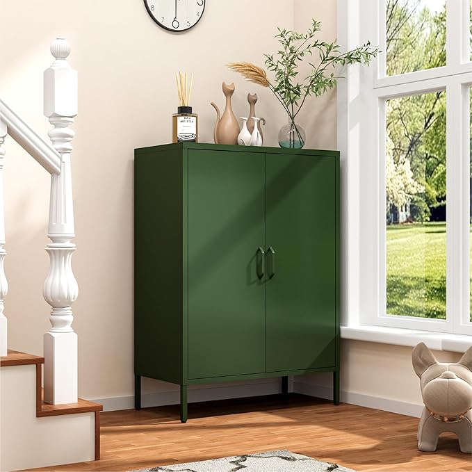 Metal Locker Cabinet, Green Storage Cabinets with 2 Doors and Adjustable Shelves, 3 Tier Modern Storage Freestanding Sideboard for Living Room,School,Office Home Kitchen and Coffee Bar