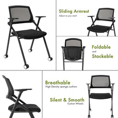 10 Pack Conference Room Chairs with Wheels and Sliding Armrest,Foldable Nesting Chair for Office School Church Waiting Room Black
