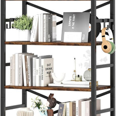 Homeiju 6 Tier Bookshelf, Industrial Bookcase with 8 Hooks, Vintage Storage Rack with Open Shelves, Rustic Standing Bookshelves Metal Frame Display Rack for Living Room, Bedroom, Rustic Brown