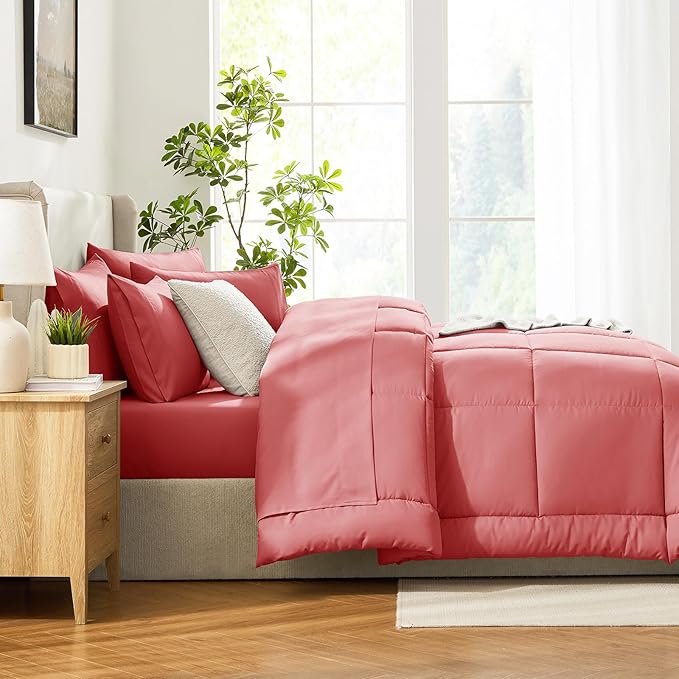 CozyLux King Size Comforter Set Coral, 7 Pieces Bed in a Bag, Coral Comforter King Size, All Season Bedding Sets with Stitch Quilted Comforter, Flat Sheet, Fitted Sheet, Pillowcases