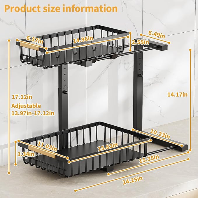 Under Sink Organizer, 2 Tier Under Sink Organizers and Storage, Metal Slide out Pull out Cabinet Organizer ，2 Pack Sliding Drawer Organizer for Kitchen Bathroom Pantry