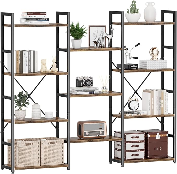 NUMENN Triple Wide 4 Tier Bookshelf, Adjustable Rustic Industrial Style Bookcases with 11 Open Display Shelves, Modern Tall Bookcase Furniture for Bedroom, Living Room and Home Office, Vintage