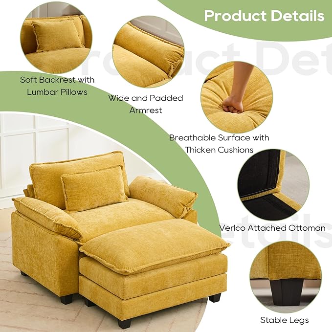 53" Modular Sectional Sofa, Comfy Cloud Couch Sectional Sofa with Ottoman, Chenille Sofa Sleeper Deep Seat Sofa with Throw Pillows for Living Room (Yellow)
