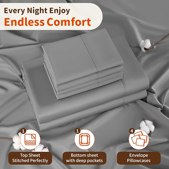 LBRO2M 1000 Thread Count 100% Egyptian Cotton Sheets Set 6 Piece Sets Queen Bed Sheet Deep Pocket Sheet Set 16" Soft Comfortable All Season (Queen, Gray) LBRO2MBedding