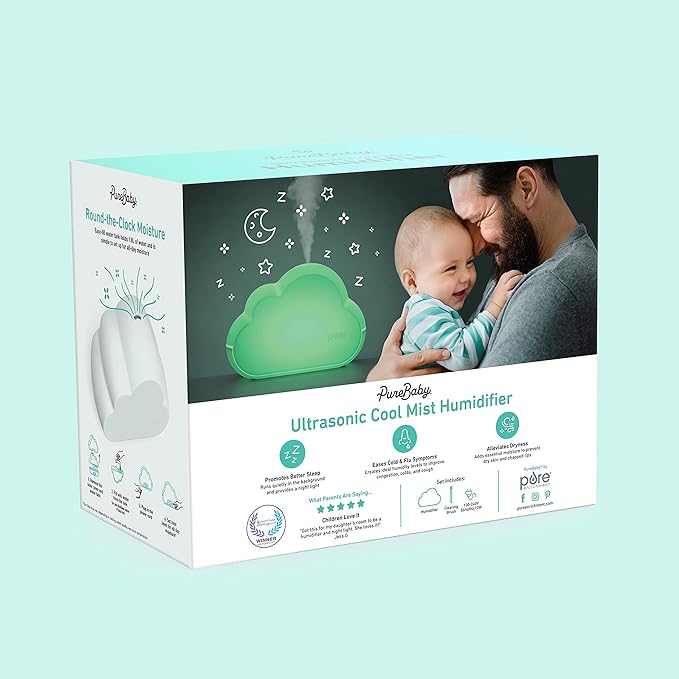 Pure Enrichment PureBaby Cloud Ultrasonic Cool Mist Humidifier Quiet Variable Mist for up to 24 Hrs Ideal for Baby Nurseries & Kids Bedrooms to Relieve Congestion Colds & Coughs, Night Light, BPA-Free