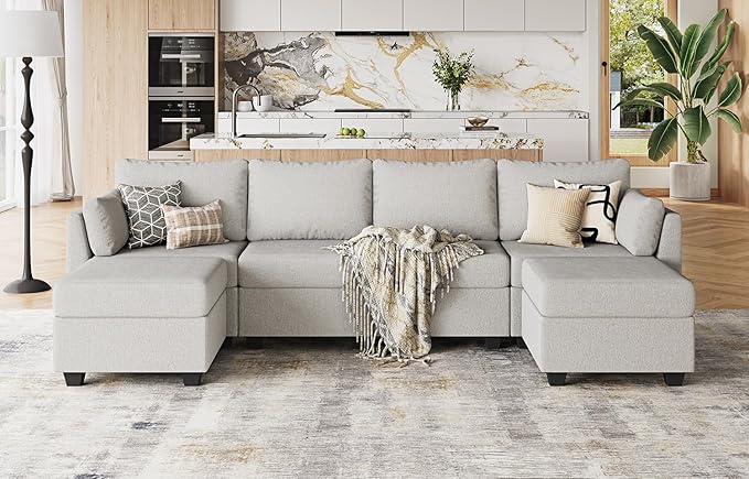 114.17" Modular Sectional Sofa, 6 Seat Modular Couch with Storage, Memory Foam, Convertible Sectional Couches for Living Room, U Shaped Comfy Modular Sofa with Chaise, Light Grey