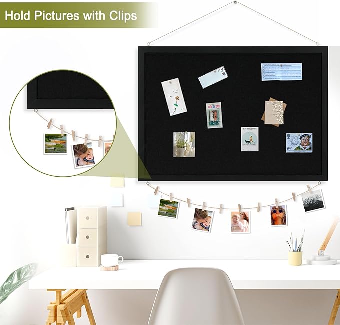 Double-Sided Black Cork Board with Linen, 36" x 24" Hanging Wood Framed Large Bulletin Board, Picture Display Vision Board Kit Corkboards for Wall Room School Office Decor, 20 Pushpins