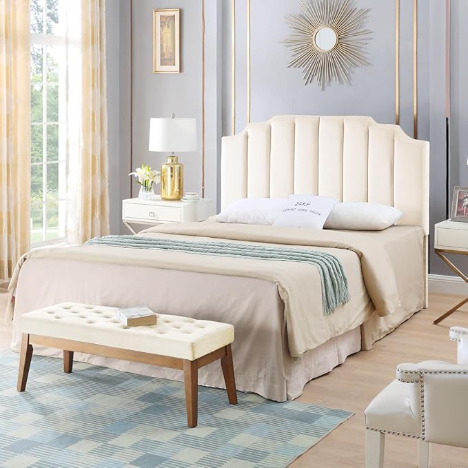 24KF Cream Velvet Tufted Queen Upholstered Headboard, Modern Vertical Channel Design California Queen/Full Headboard with Stepped Silhouette Top Edge,Cream