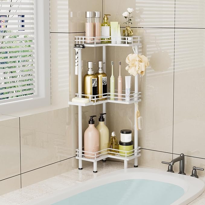 Consumest Corner Shower Caddy Standing - 3-Tier Stainless Steel Shower Organizer with Soap Holder and 4 Hooks, Large Capacity Corner Shelf Stand for Bathroom, Rest Room, White
