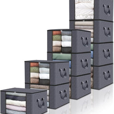 Fab totes Storage Bags,Clothes Blanket Storage Bins Foldable Closet Organizers with Reinforced Handle for Home Dorm Storage and Organization,Fabric Bags for Organizing Sheets,Clothing (Grey,10 Pack)