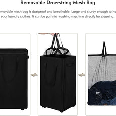 DOKEHOM 90L X-Large Laundry Basket with Removable Wash Bag on Wheels, Collapsible Rolling Laundry Hamper, Foldable Clothes Organizer, Folding Washing Bin (Black)