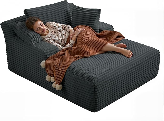 67 Inch Chaise Lounge Chair Indoor, Oversized Corduroy Upholstered Boneless Sofa Bed, Deep Seat Sleeper Couch Reading Chairs, Cloud Sofas Couches for Living Room, No Assembly Required (Dark Grey)