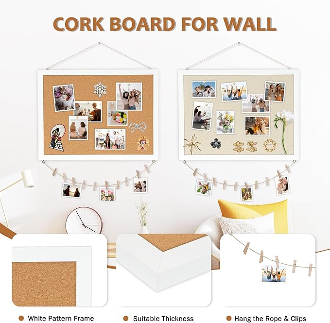 Double-Sided Large Cork Board with Linen, 30" x 20" Hanging Wood Framed Bulletin Board, Picture Display Vision Board Corkboards for Wall Room School Office Decor, 20 Pushpins,1pack