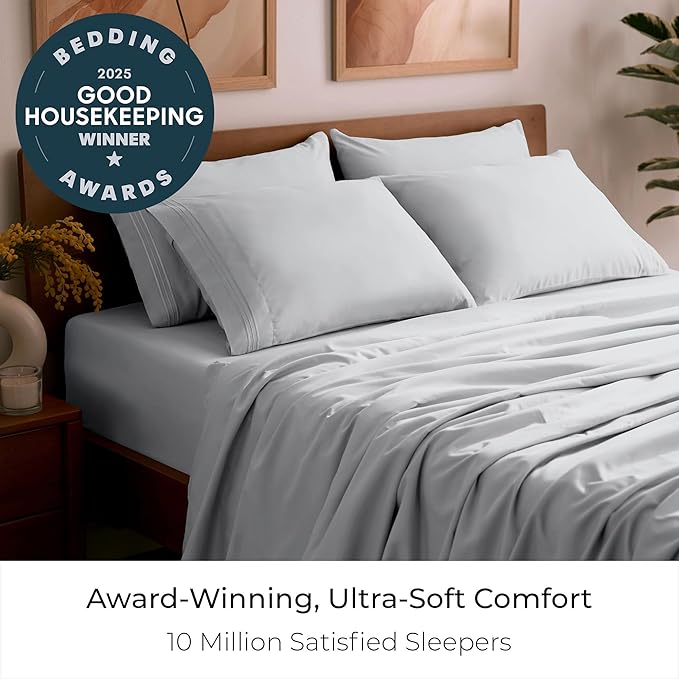 Mellanni California King Sheet Set - 6-Piece Iconic Collection Bedding, (Including 4 Pillowcases), 16-Inch Deep Pocket, Easy Care, Extra Soft, Cooling Sheets, Brushed Microfiber - Light Gray