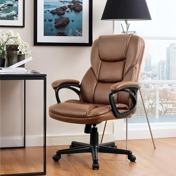 Furmax Office Executive Chair High Back Adjustable Managerial Home Desk Chair,Swivel Computer PU Leather Chair with Lumbar Support (Light Brown)