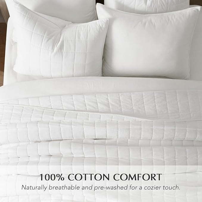 EVERGRACEHOME 100% Cotton Box Stitch Quilt Bedding Set King Size 3 Pieces, Garment-Washed Lightweight Soft Cozy Coverlet, Oversized Quilted Bedspread Sets with 2 Shams for All Season, Bright White