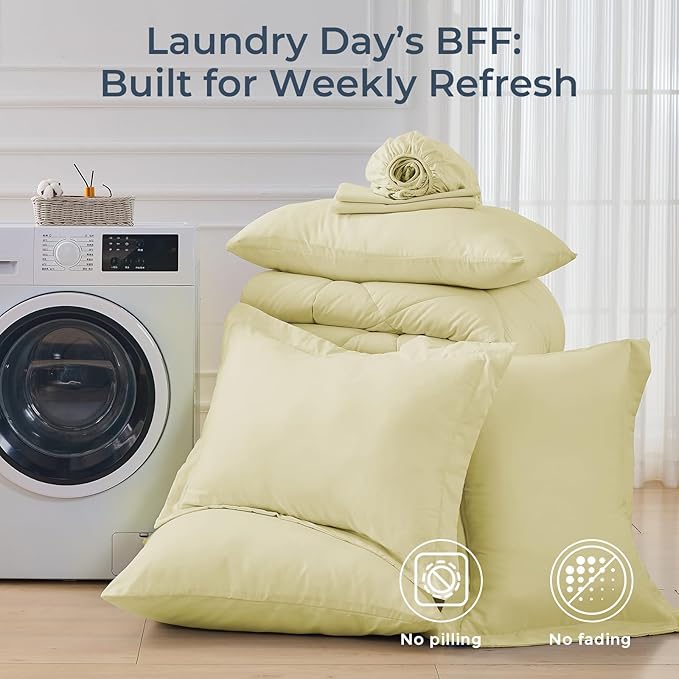 HEVUMYI Cream Yellow Cali-King Comforter Set - 7-Piece All Season Bed in a Bag Cali-King, Ultra Soft Bedding Set with Comforter, Flat Sheet, Fitted Sheet, Pillowcases, Pillow Shams