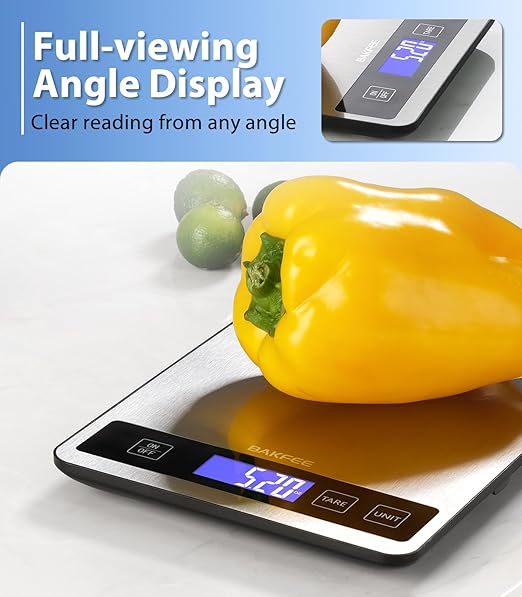 Food Scale - 15kg/33lb Rechargeable Digital Kitchen Scale with Full-View LCD Display, Grams and Ounces, Type-C or Batteries (Not Inc.), Easy Clean Stainless Steel, for Baking, Cooking, Black