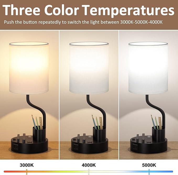 White Bedside Table Lamps for Bedroom Set of 2 - Nightstand Light with AC Outlet and USB A & C for Charging, 3 Color Temperatures Desk Lamp with Pen Holder & Phone Stand for Living Room/Dorm/Office