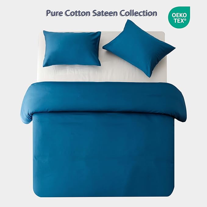 HeimenAogo Extra-Long Staple Cotton Duvet Cover Set Twin/Twin XL Sateen Weave, Silky Soft and Breathable Comforter Cover with Zipper Closure, High TC Egyptian Cotton Blanket Cover, Deep Water Blue