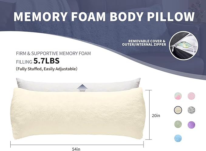 Bed Memory Foam Pillows with Removable Covers for Queen Bed 20x54 Soft Nursing Couch Pillows with Long Pillow Case for Beige Body Pillow Side Sleeper for Kids Machine Washable