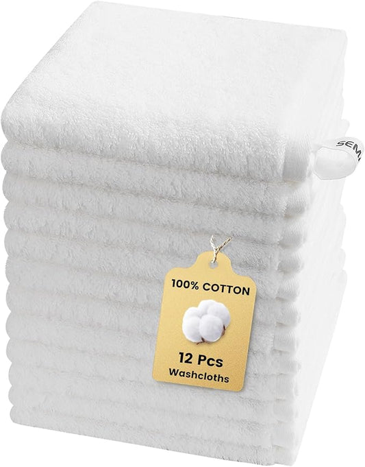 SEMAXE 100% Cotton Washcloths 12-Pack, 13 × 13 Inch Soft Luxury Face Towels – Super Absorbent & Quick-Dry, Premium Cloth with Hanging Loop, Oeko-TEX Certified, Gift-Ready Box