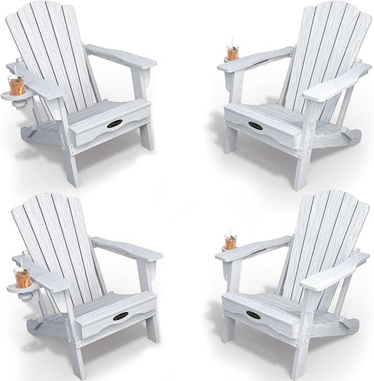 Adirondack Chair Set of 4, Folding All-Weather Outdoor HDPE Patio Chair with Cup Holder, White