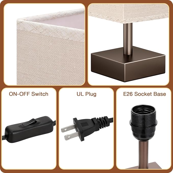 aooshine Brown Small Table Lamp - Bedside Lamp for Bedroom, Minimalist Nightstand Lamp with Square Shade, Desk Lamp for Kids Room