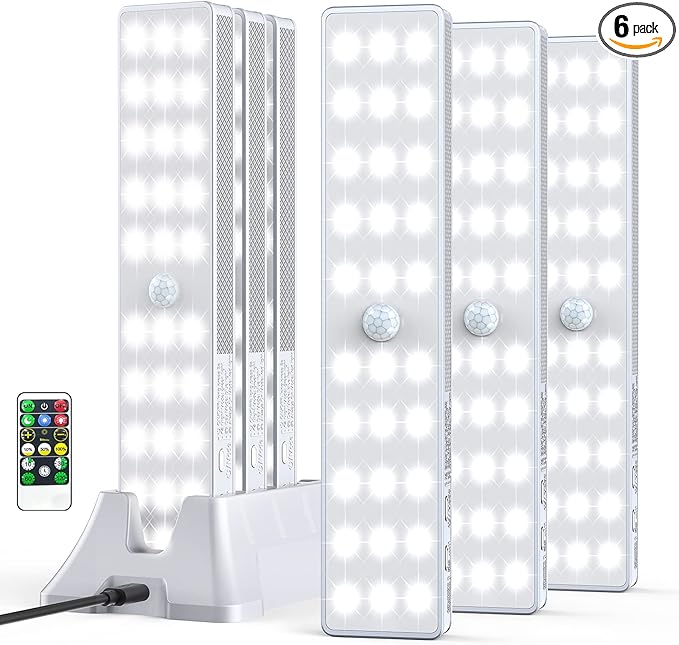 LED Closet Light with Charging Station, 6 Pcs 30LEDs 8'' Dimmer Rechargeable Motion Sensor Under Cabinet Lighting, Stick-Anywhere Night Light for Wardrobe,Kitchen
