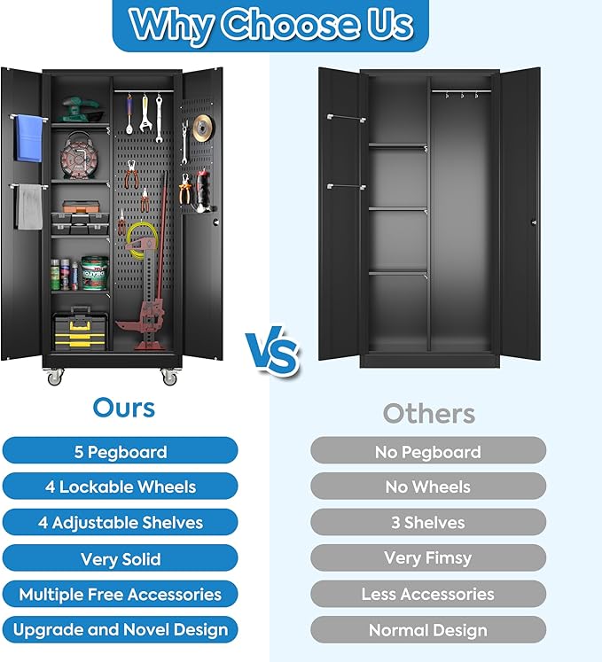 SUXXAN Broom Closet Storage Cabinet with Wheels 71.4"x 31.5"x15.7", Metal Cleaning Cabinets with Hooks and Hanging Rods, Lockable Cabinet with Pegboard, Adjustable Shelf,for Garage, Laundry Room