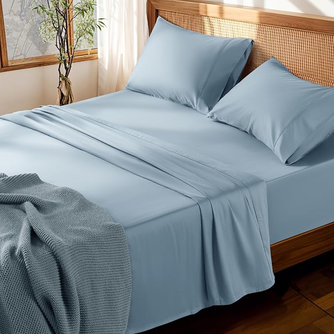 LBRO2M 100% Cotton Sheets Set Deep Pocket 19", 1000 Thread Count Queen Size 4 Piece Bed Sheet Sets Soft Comfortable Bedding All Season (Queen, French Blue) LBRO2MBedding
