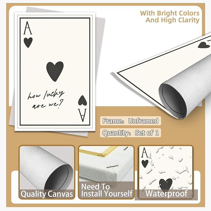 Vintage How Lucky Are We Wall Art Trendy Poker Posters Minimalist Ace of Hearts Decor Funny Inspirational Quotes Canvas Prints Lucky You Pictures for Dorm Bedroom Home Aesthetic 24x36in Unframed