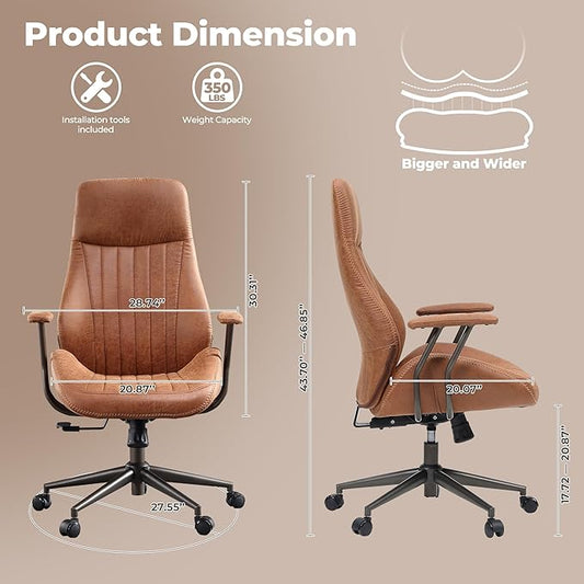 ovios Ergonomic Office Chair, High Back Faux Leather Executive Chairs with Armrests, Comfy High-Century Modern Swivel Rolling Computer Armchair (Brown, Suede Leather)