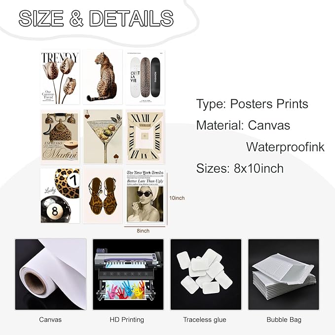 Trendy Leopard Wall Art Set of 9, Aesthetic Cheetah Wall Decor Paintings,Fashion Leopard Y2k Preppy Cheetah Posters Prints Pictures for Apartment Dorm Living Room Home Decor 8x10 Inch Unframed