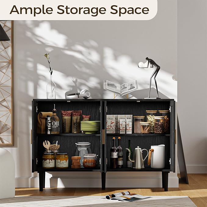 FONTOI Sideboard Cabinet with Rattan Doors, Kitchen Buffet Cabinet with Storage, Modern Farmhouse Large Accent Cabinets Credenza for Entryway Dining Room, Black