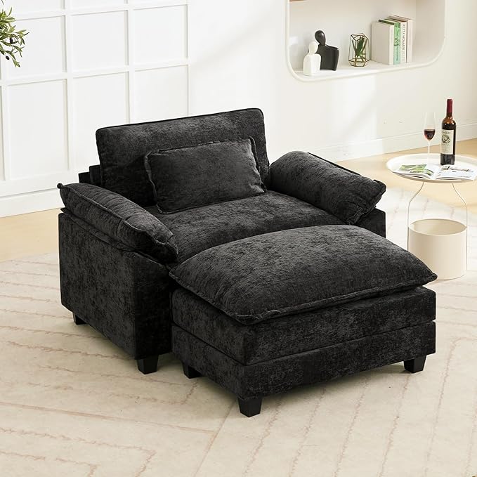 53" Modular Sectional Sofa, Comfy Cloud Couch Sectional Sofa with Ottoman, Chenille Sofa Sleeper Deep Seat Sofa with Throw Pillows for Living Room (Black)