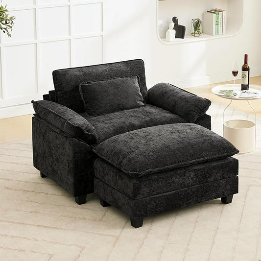 53" Modular Sectional Sofa, Comfy Cloud Couch Sectional Sofa with Ottoman, Chenille Sofa Sleeper Deep Seat Sofa with Throw Pillows for Living Room (Black)