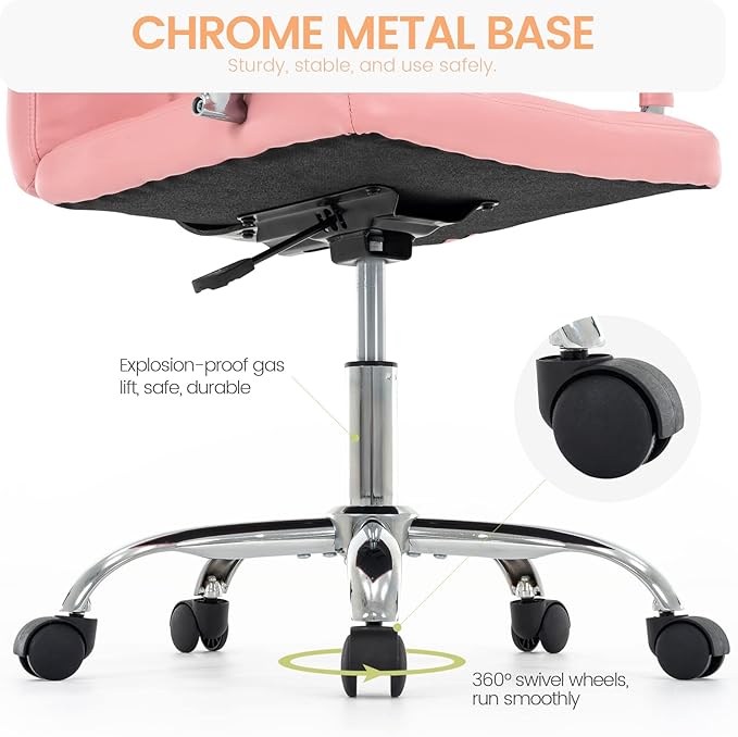 High Back Desk Chair, Modern PU Leather Home Office Task Chair with Arms, Adjustable Swivel Computer Executive Chair with Wheels (Pink)
