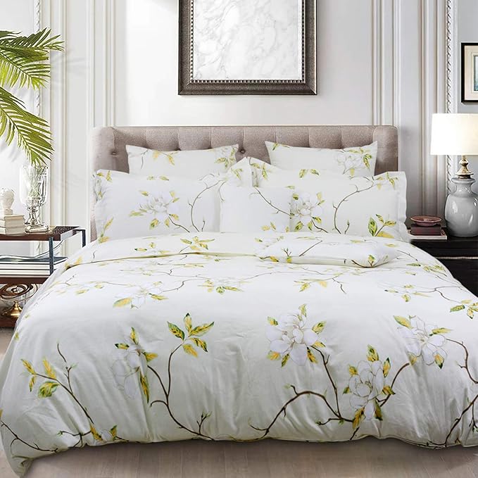 FADFAY White Floral Duvet Cover Set 100% Cotton Farmhouse Bedding with Hidden Zipper Closure 3 Pieces, 1duvet Cover & 2pillowcases,Twin XL Size