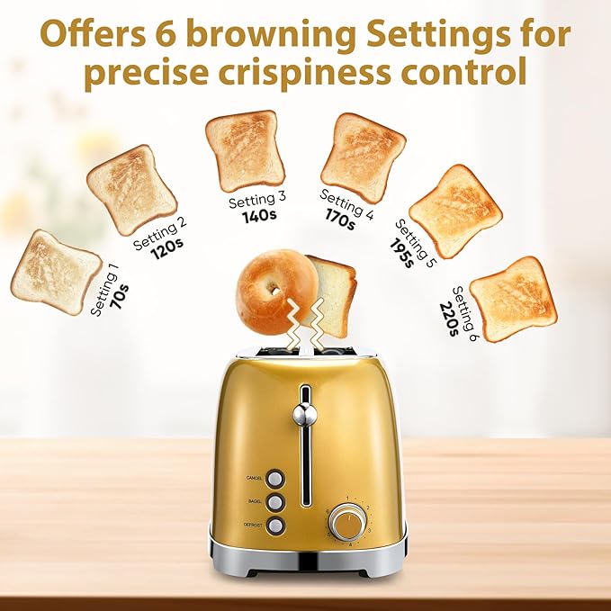 Gold Toaster 2 Slice, Wide Slot Stainless Steel, Mouqat – Best Gift, 6 Shade Settings, Bagel/Cancel/Defrost Functions, Removable Crumb Tray, Different Toast Sizes, Kitchen Essential, Cord Wrap – 825W