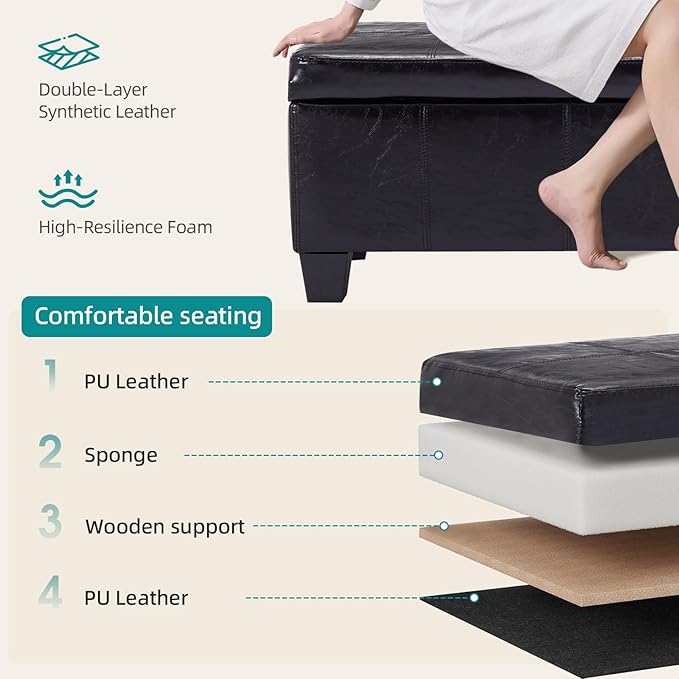 Faux Leather Storage Ottoman Bench with Hinged Lid,42 Inch Large Rectangular Footrest Stool for Bedroom End of Bed, Entryway and Living Room, Padded Seat Shoe Bench, Black