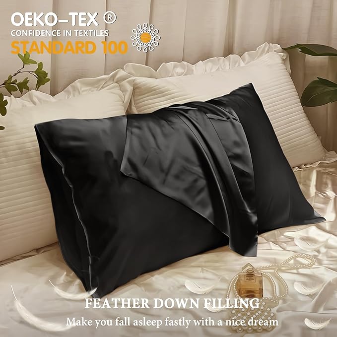 BHZ Black Satin Goose Down Feather Pillows King Size with Black Satin Pillowcase for Hair and Skin, Cooling Pillow Cases Similar to Silk Pillow Cases, Decorative for Women, Mom Men