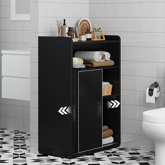 Adjustable Storage Cabinet with Sliding Doors, Multi-Functional Organizer with 2-Tier Shelves (Black)