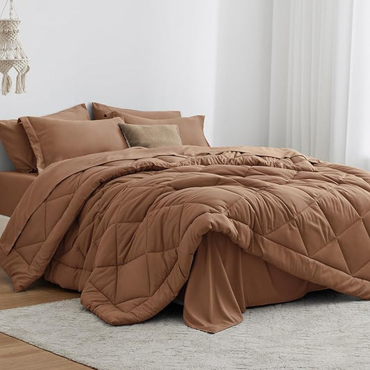 Love's cabin Full Comforter Set Mocha Mousse, 7 Pieces Full Bed in a Bag, All Season Bedding Sets with 1 Comforter, 1 Flat Sheet, 1 Fitted Sheet, 2 Pillowcase and 2 Pillow Sham