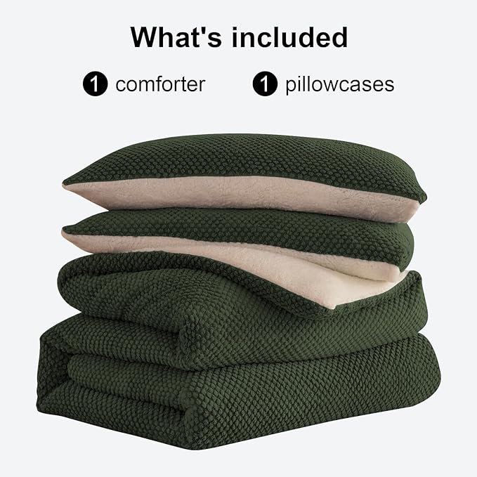 3D Jacquard Design Comforter Set, Ultra-Soft Warm Twin Size Sherpa Fur Plush 2-Pieces Sets Luxury Cozy Bedding with 1 Pillowcase (68"x90", Dark Green)