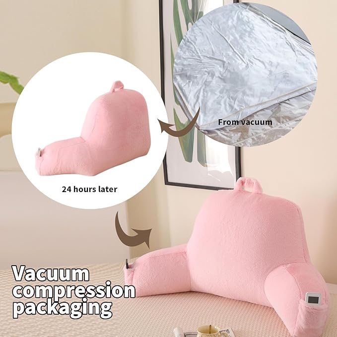 Reading Pillow for Sitting in Bed, Large Backrest Reading Pillow with Arm Rest,Back-Rest Support Cushion for Sit Up on Couch, Sofa, and Floor, Dorm Essentials (Pink Faux Fur, Large(19"))