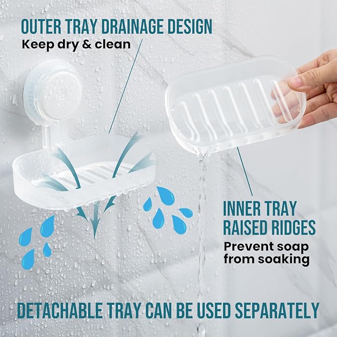 TAILI Soap Dish Bar Holder Suction Cup,Soap Saver with Powerful Vacuum Suction,Sponge Holder for Shower,Bathroom,Tub and Kitchen Sink, Universal Shower Accessories,Drill-Free,Removable,Clear
